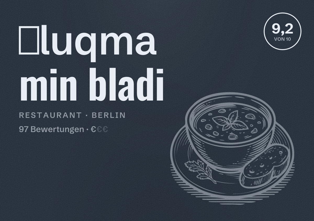 Illustriertes Poster von ‏luqma min bladi, Restaurant in Berlin: Bewertung 9,2 von 10 aus 97 Bewertungen, Preisniveau €