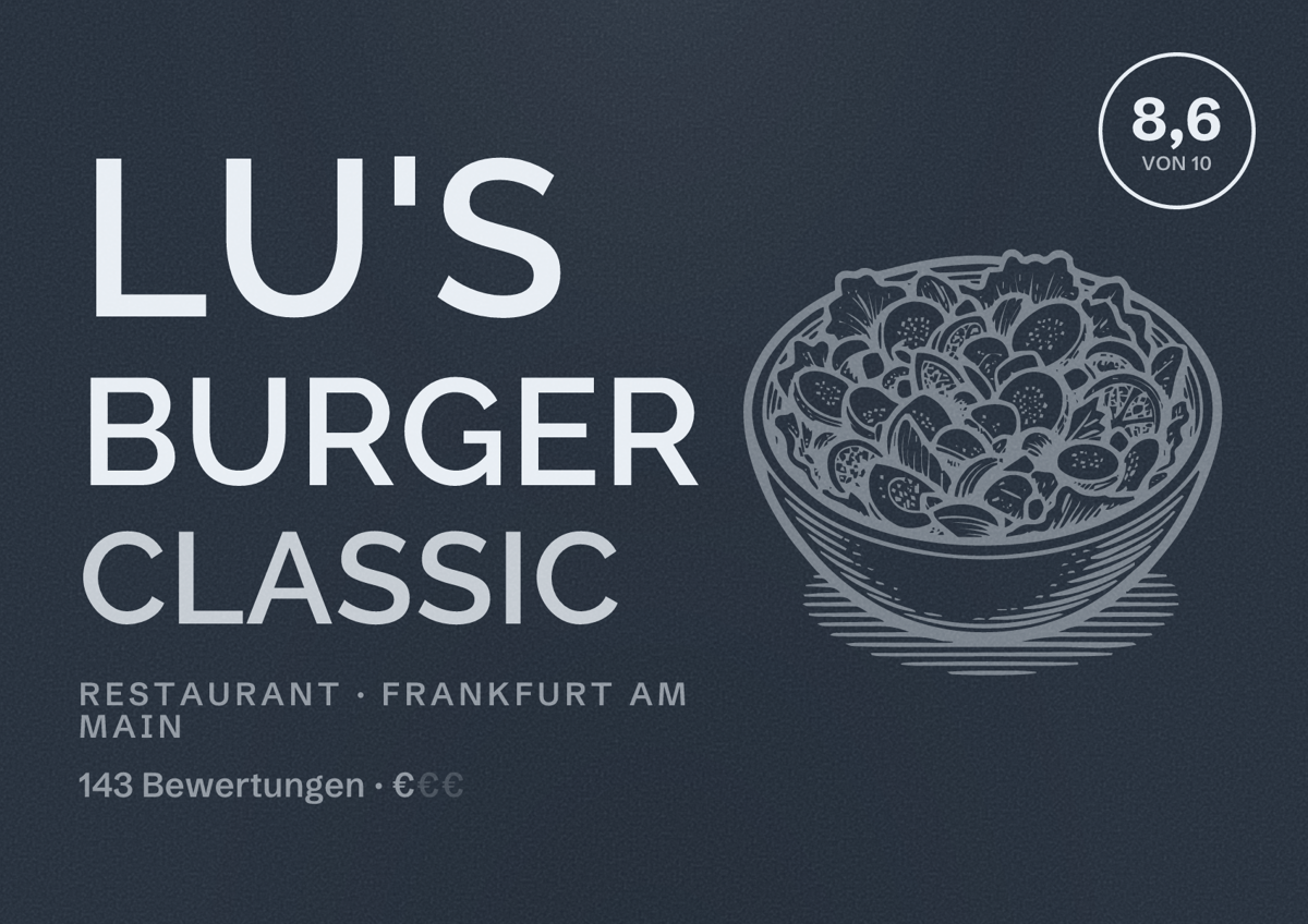 Illustriertes Poster von LU'S BURGER CLASSIC, Restaurant in Frankfurt am Main: Bewertung 8,6 von 10 aus 143 Bewertungen, Preisniveau €