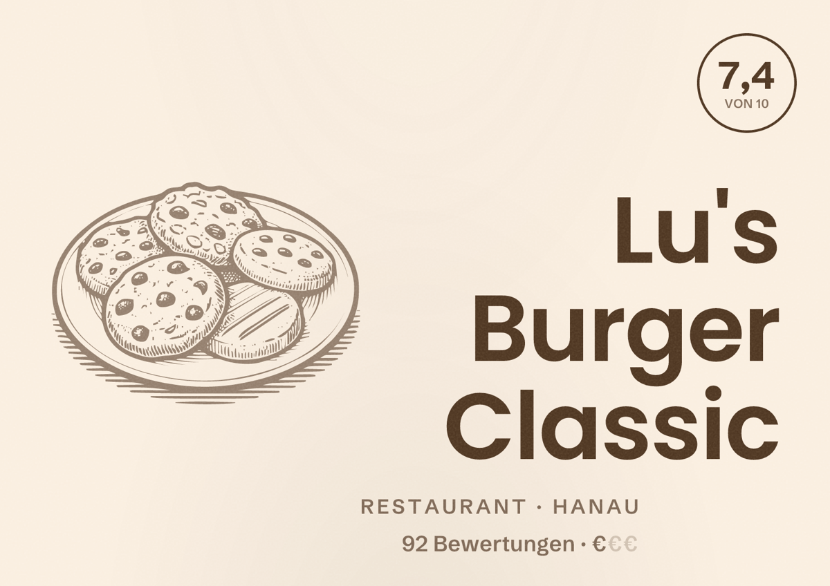Illustriertes Poster von Lu's Burger Classic, Restaurant in Hanau: Bewertung 7,4 von 10 aus 92 Bewertungen, Preisniveau €