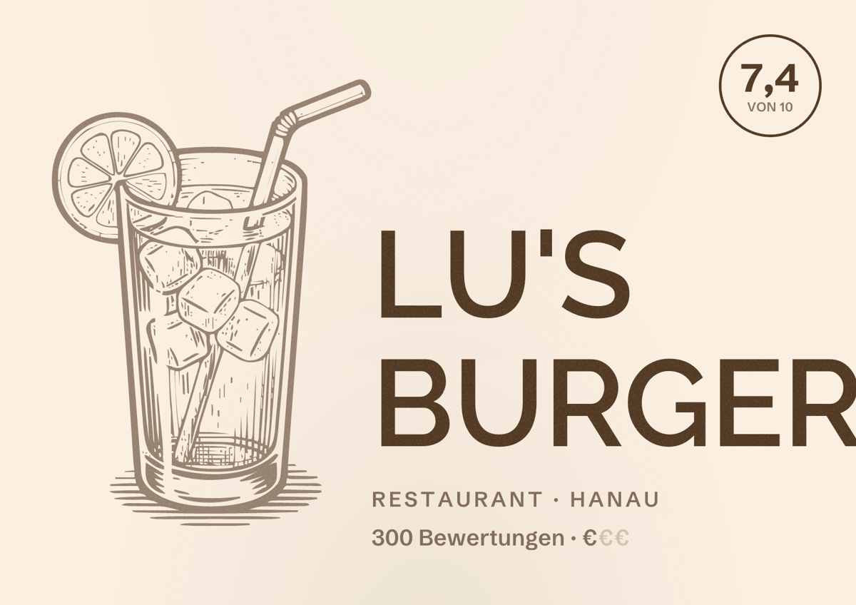 Illustriertes Poster von LU'S BURGER, Restaurant in Hanau: Bewertung 7,4 von 10 aus 300 Bewertungen, Preisniveau €