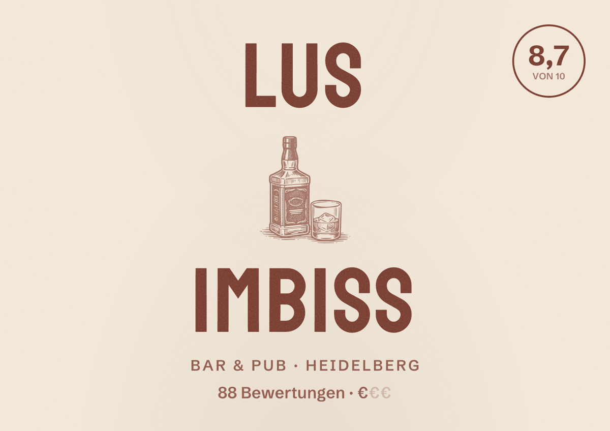 Illustriertes Poster von Lus Imbiss, Bar & Pub in Heidelberg: Bewertung 8,7 von 10 aus 88 Bewertungen, Preisniveau €