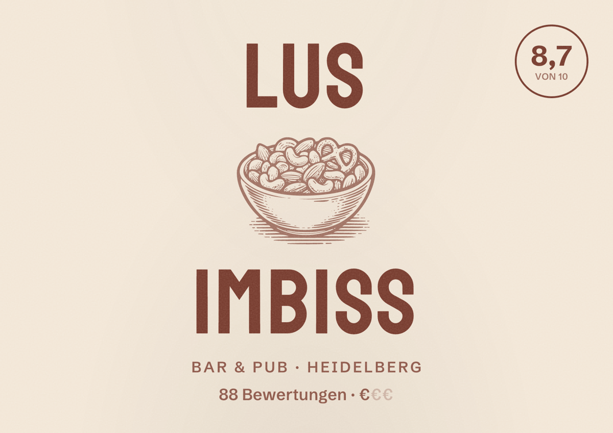 Illustriertes Poster von Lus Imbiss, Bar & Pub in Heidelberg: Bewertung 8,7 von 10 aus 88 Bewertungen, Preisniveau €