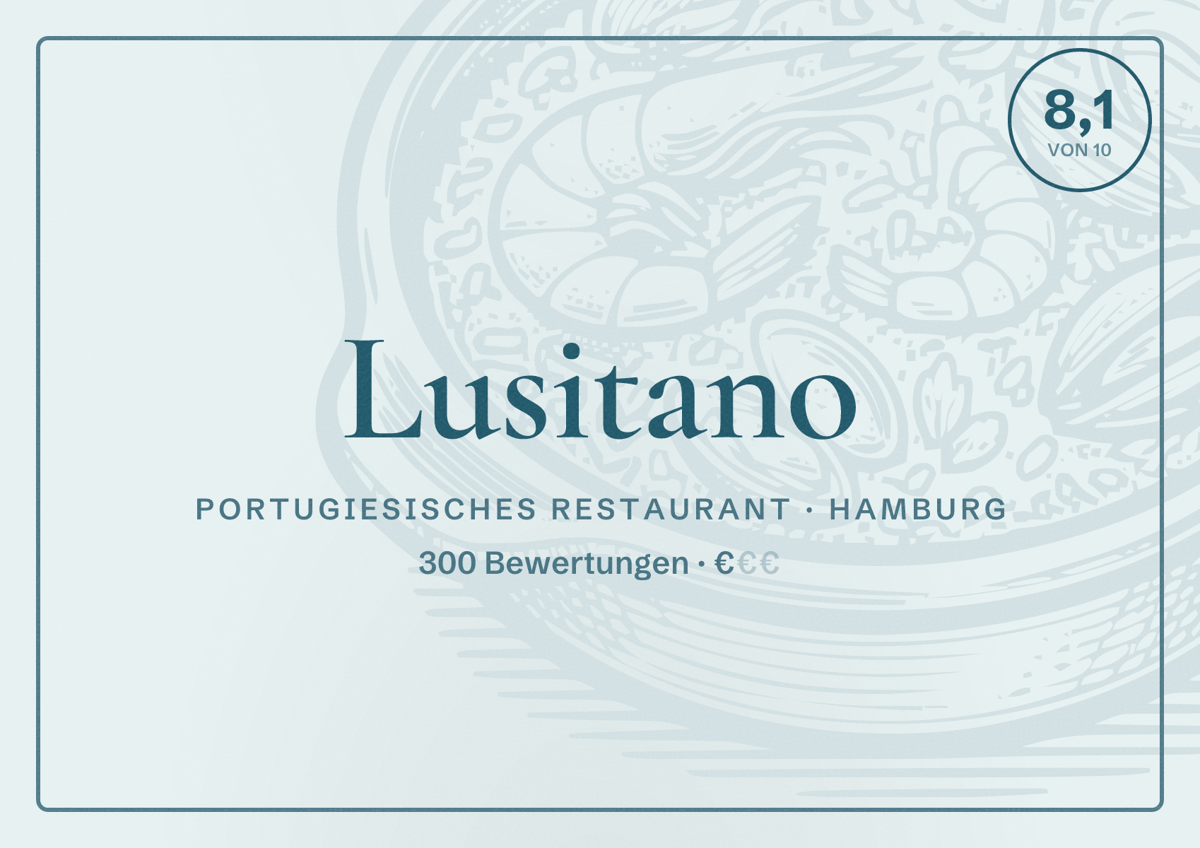 Illustriertes Poster von Lusitano, Portugiesisches Restaurant in Hamburg: Bewertung 8,1 von 10 aus 300 Bewertungen, Preisniveau €