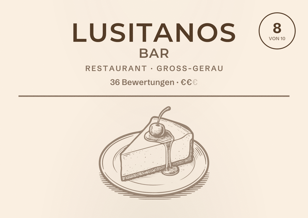 Illustriertes Poster von LUSITANOS BAR, Restaurant in Groß-Gerau: Bewertung 8 von 10 aus 36 Bewertungen, Preisniveau €€