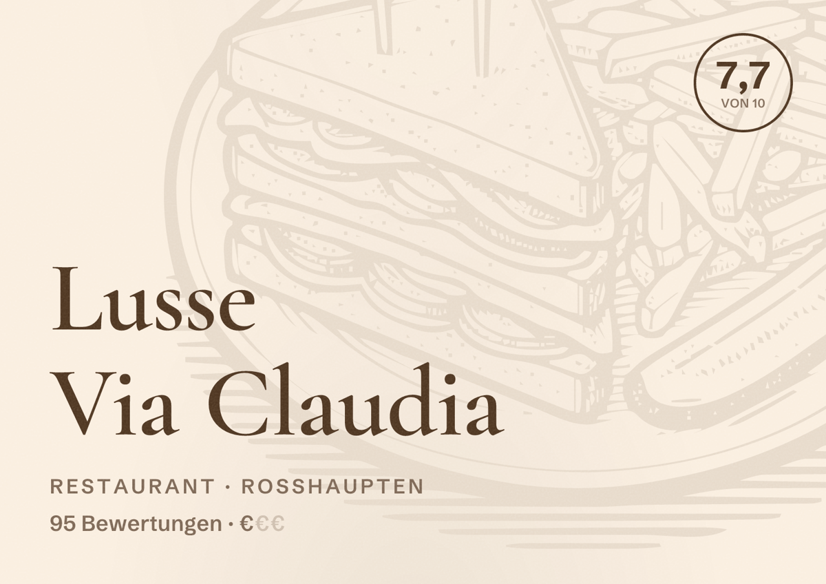 Illustriertes Poster von Lusse Via Claudia, Restaurant in Roßhaupten: Bewertung 7,7 von 10 aus 95 Bewertungen, Preisniveau €