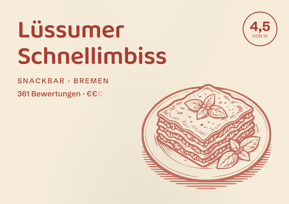 Illustriertes Poster von Lüssumer Schnellimbiss, Snackbar in Bremen: Bewertung 4,5 von 10 aus 361 Bewertungen, Preisniveau €€