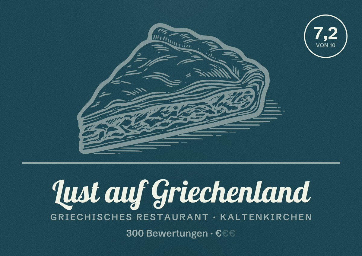 Illustriertes Poster von Lust auf Griechenland, Griechisches Restaurant in Kaltenkirchen: Bewertung 7,2 von 10 aus 300 Bewertungen, Preisniveau €