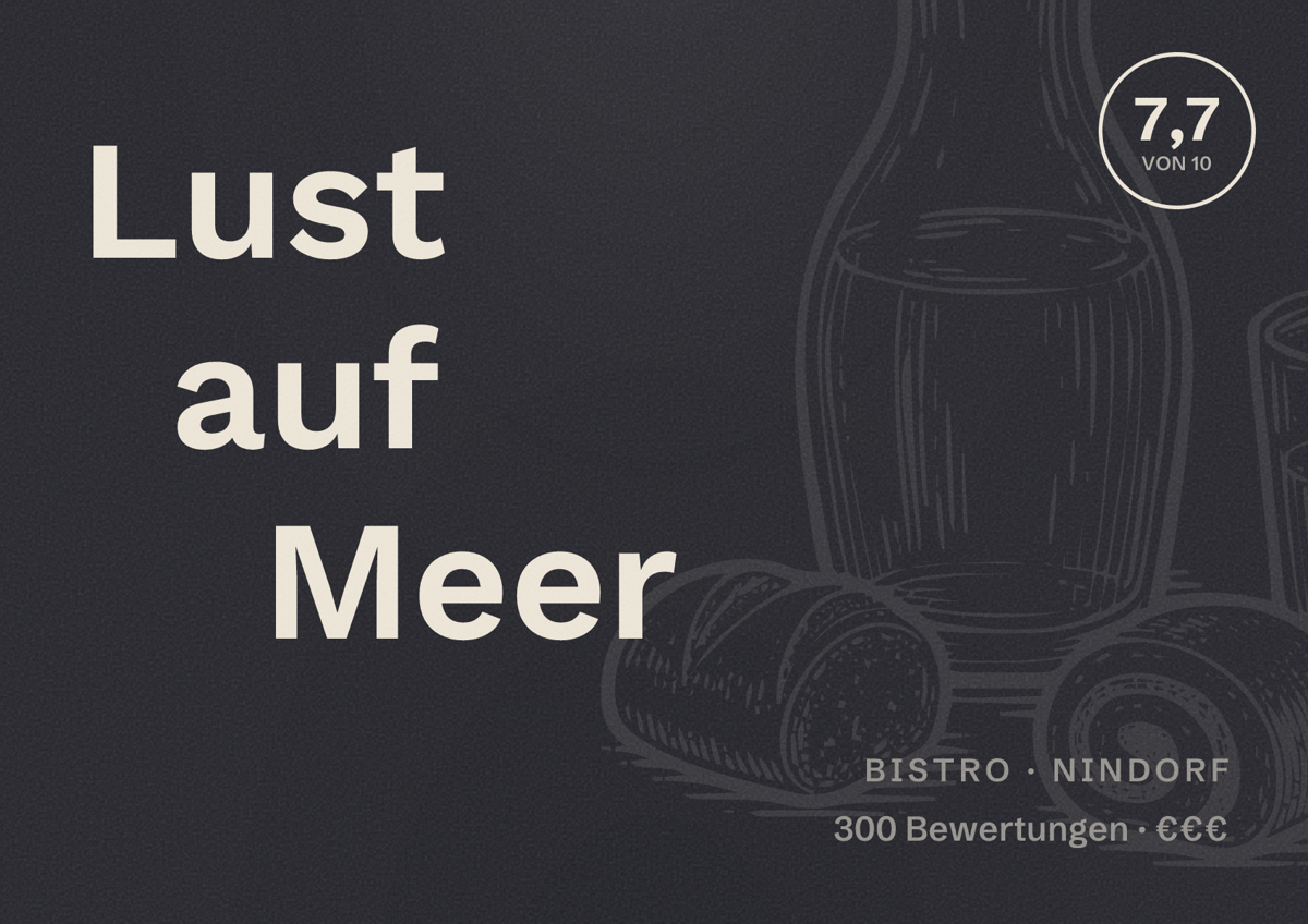 Illustriertes Poster von Lust auf Meer, Bistro in Nindorf: Bewertung 7,7 von 10 aus 300 Bewertungen, Preisniveau €€€