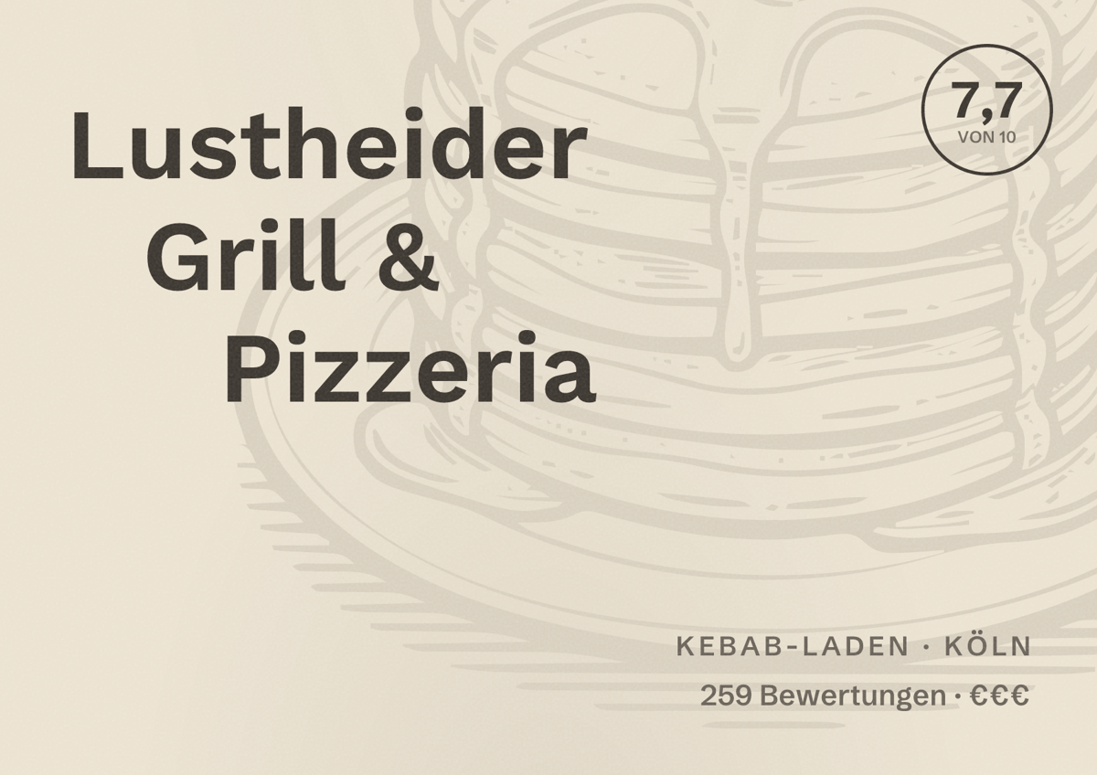 Illustriertes Poster von Lustheider Grill & Pizzeria, Kebab-Laden in Köln: Bewertung 7,7 von 10 aus 259 Bewertungen, Preisniveau €€€