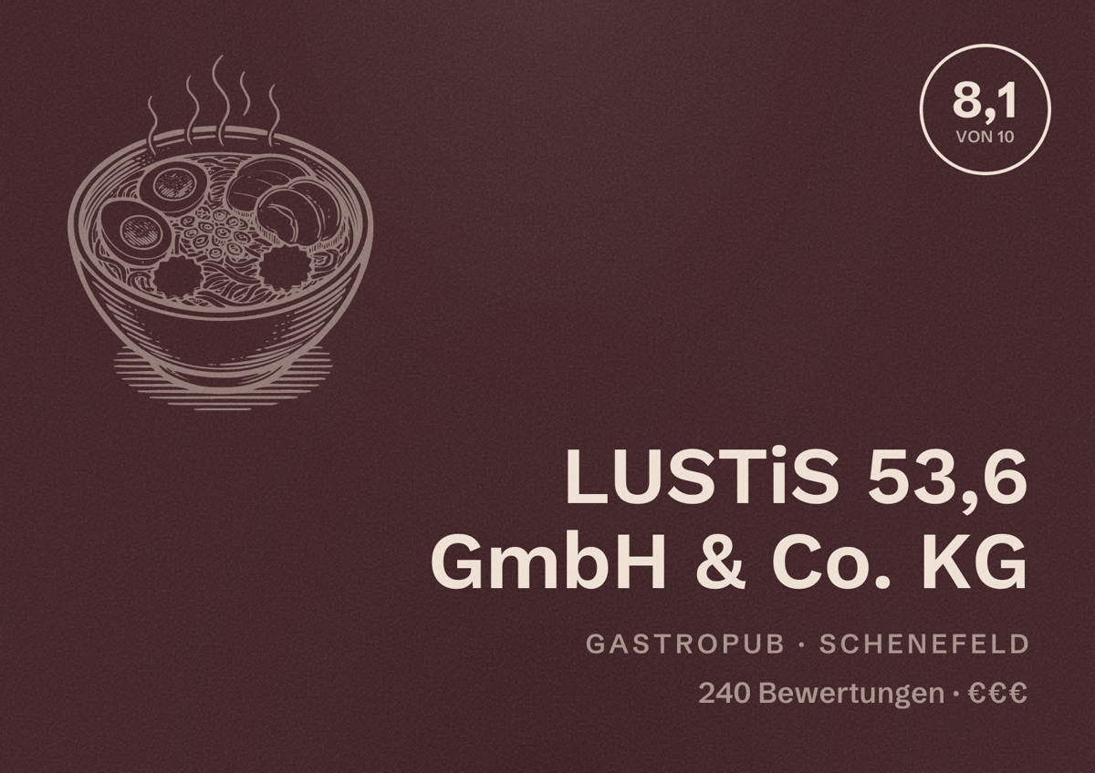 Illustriertes Poster von LUSTiS 53,6 GmbH & Co. KG, Gastropub in Schenefeld: Bewertung 8,1 von 10 aus 240 Bewertungen, Preisniveau €€€