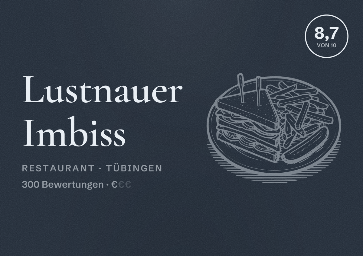 Illustriertes Poster von Lustnauer Imbiss, Restaurant in Tübingen: Bewertung 8,7 von 10 aus 300 Bewertungen, Preisniveau €