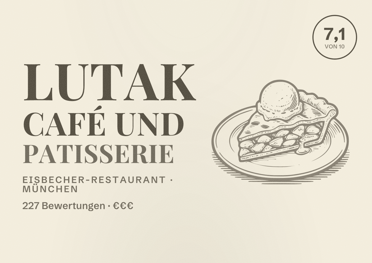Illustriertes Poster von Lutak Café und Patisserie, Eisbecher-Restaurant in München: Bewertung 7,1 von 10 aus 227 Bewertungen, Preisniveau €€€