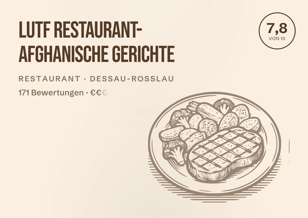 Illustriertes Poster von Lutf Restaurant- Afghanische Gerichte, Restaurant in Dessau-Roßlau: Bewertung 7,8 von 10 aus 171 Bewertungen, Preisniveau €€