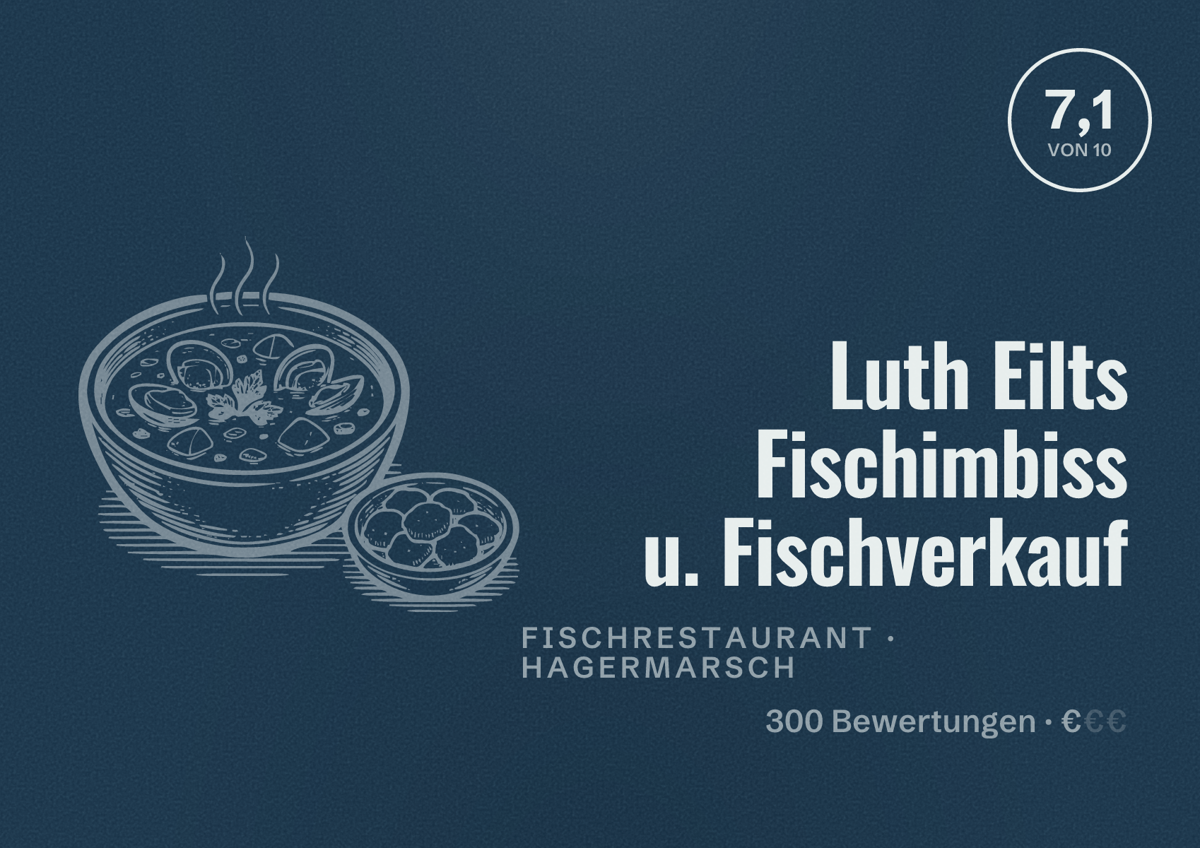Illustriertes Poster von Luth Eilts Fischimbiss u. Fischverkauf, Fischrestaurant in Hagermarsch: Bewertung 7,1 von 10 aus 300 Bewertungen, Preisniveau €