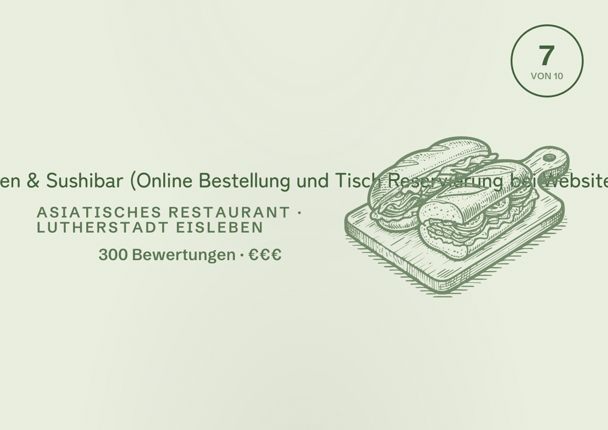 Illustriertes Poster von Lutherschenke-Asian Kitchen & Sushibar (Online Bestellung und Tisch Reservierung bei Website), Asiatisches Restaurant in Lutherstadt Eisleben: Bewertung 7 von 10 aus 300 Bewertungen, Preisniveau €€€