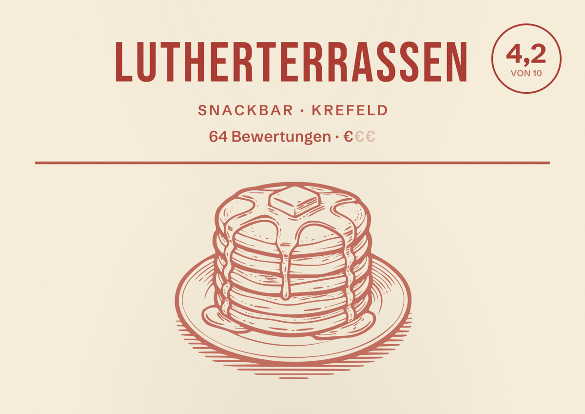Illustriertes Poster von Lutherterrassen, Snackbar in Krefeld: Bewertung 4,2 von 10 aus 64 Bewertungen, Preisniveau €