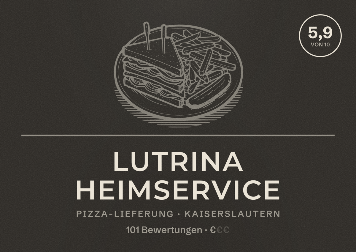 Illustriertes Poster von Lutrina Heimservice, Pizza-Lieferung in Kaiserslautern: Bewertung 5,9 von 10 aus 101 Bewertungen, Preisniveau €