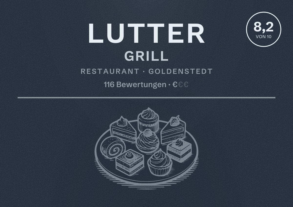 Illustriertes Poster von Lutter Grill, Restaurant in Goldenstedt: Bewertung 8,2 von 10 aus 116 Bewertungen, Preisniveau €