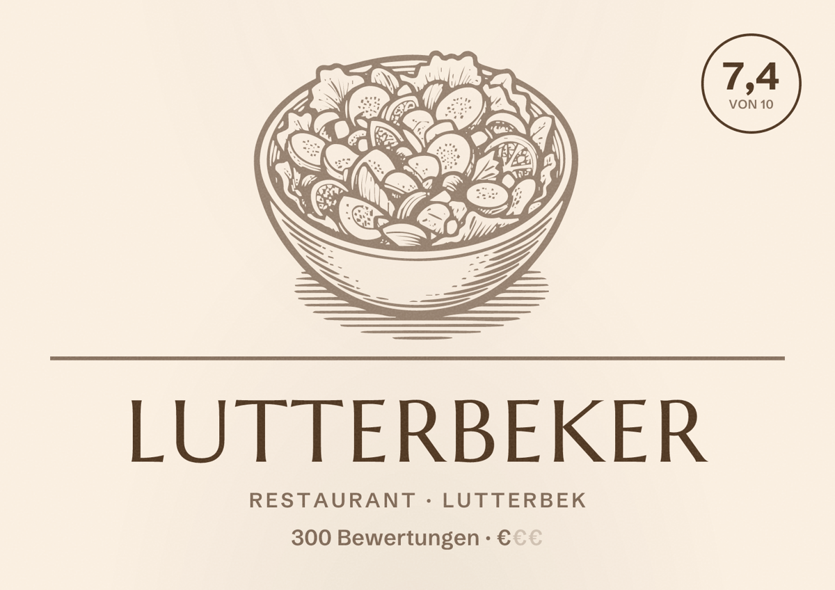 Illustriertes Poster von Lutterbeker, Restaurant in Lutterbek: Bewertung 7,4 von 10 aus 300 Bewertungen, Preisniveau €