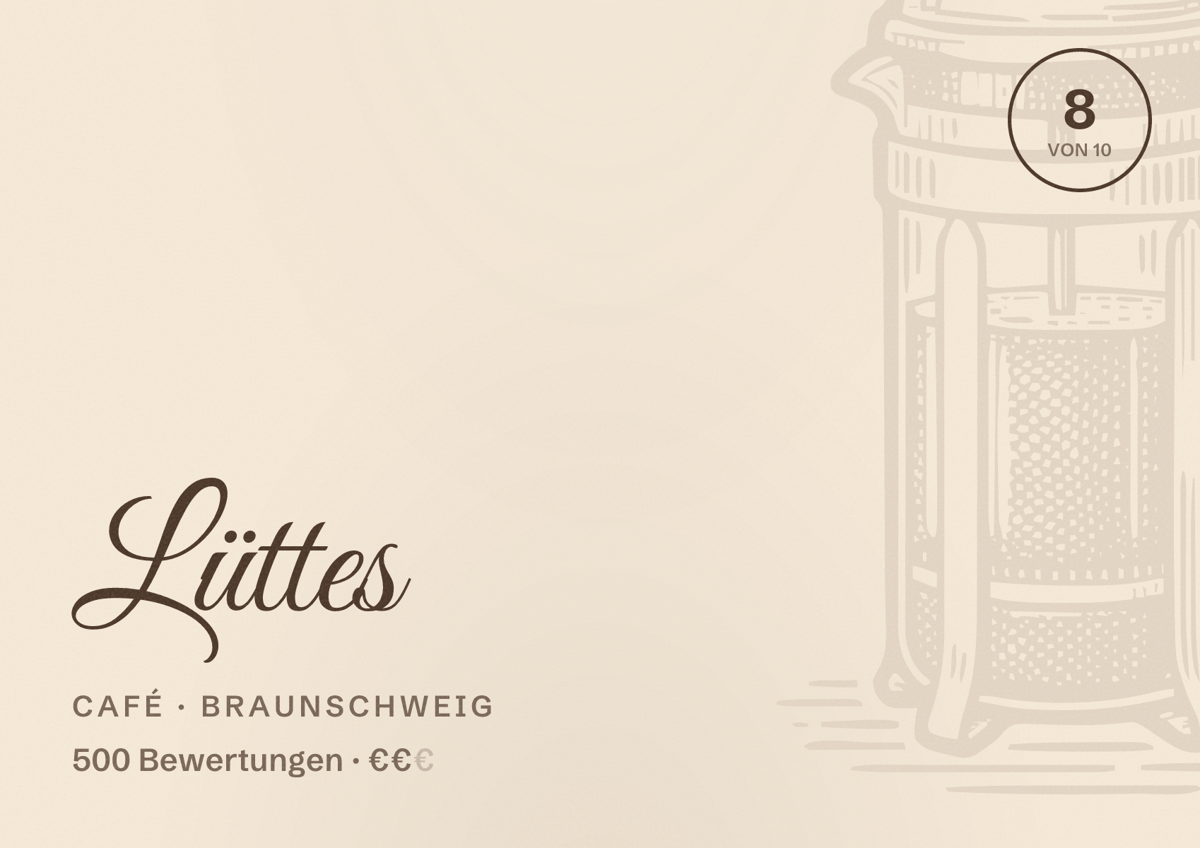 Illustriertes Poster von Lüttes, Café in Braunschweig: Bewertung 8,0 von 10 aus 500 Bewertungen, Preisniveau €€