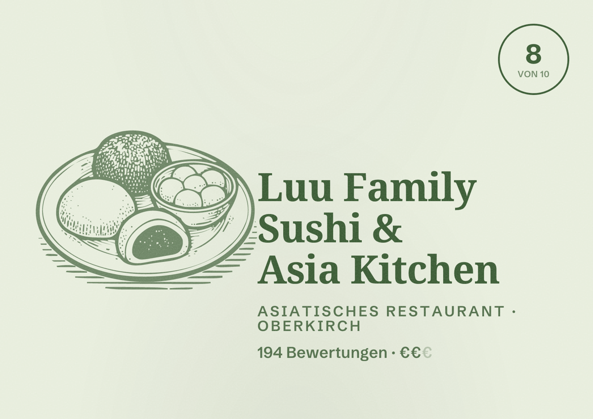 Illustriertes Poster von Luu Family Sushi & Asia Kitchen, Asiatisches Restaurant in Oberkirch: Bewertung 8 von 10 aus 194 Bewertungen, Preisniveau €€