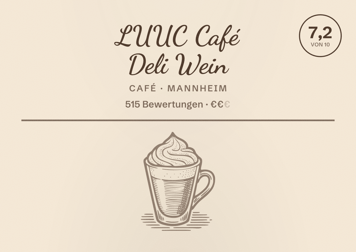 Illustriertes Poster von LUUC Café Deli Wein, Café in Mannheim: Bewertung 7,2 von 10 aus 515 Bewertungen, Preisniveau €€