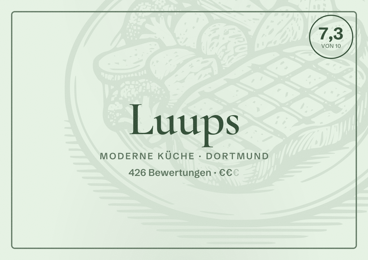 Illustriertes Poster von Luups, Moderne Küche in Dortmund: Bewertung 7,3 von 10 aus 426 Bewertungen, Preisniveau €€