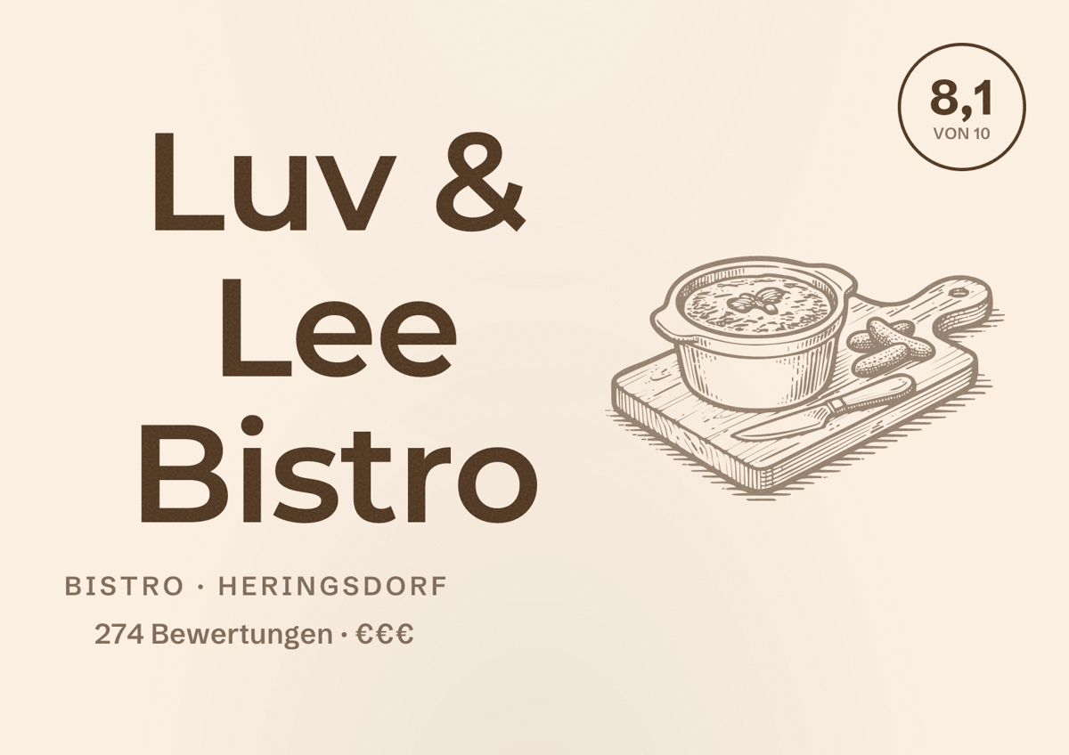 Illustriertes Poster von Luv & Lee Bistro, Bistro in Heringsdorf: Bewertung 8,1 von 10 aus 274 Bewertungen, Preisniveau €€€