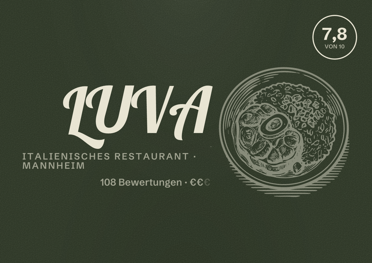 Illustriertes Poster von LUVA, Italienisches Restaurant in Mannheim: Bewertung 7,8 von 10 aus 108 Bewertungen, Preisniveau €€