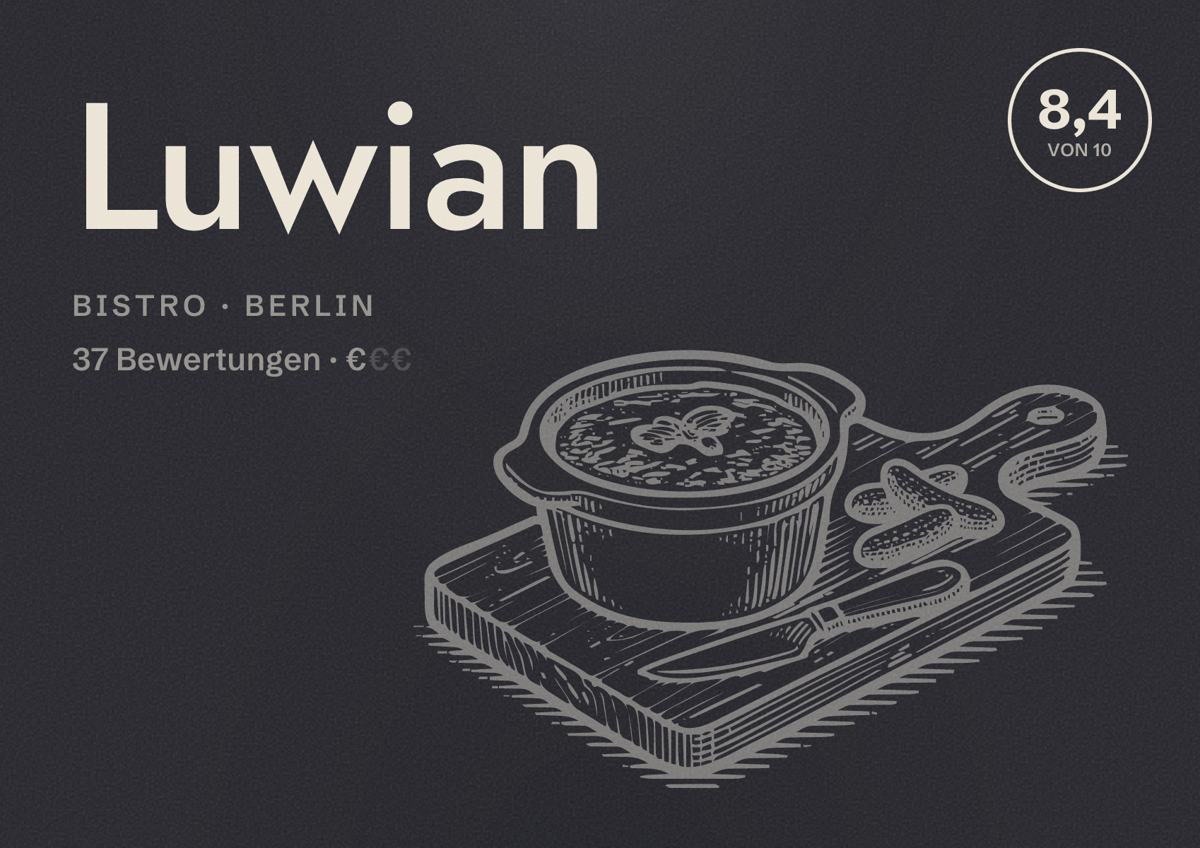 Illustriertes Poster von Luwian, Bistro in Berlin: Bewertung 8,4 von 10 aus 37 Bewertungen, Preisniveau €