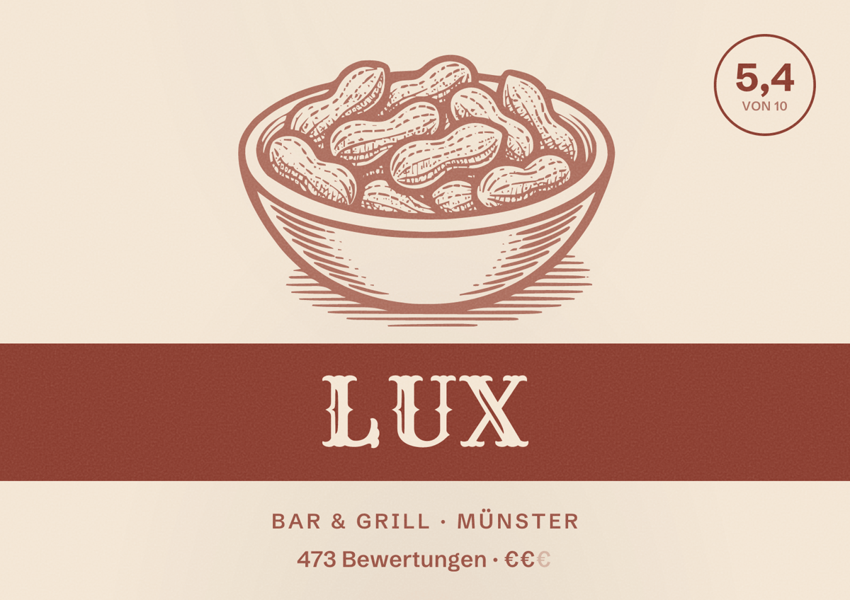 Illustriertes Poster von LUX, Bar & Grill in Münster: Bewertung 5,4 von 10 aus 473 Bewertungen, Preisniveau €€
