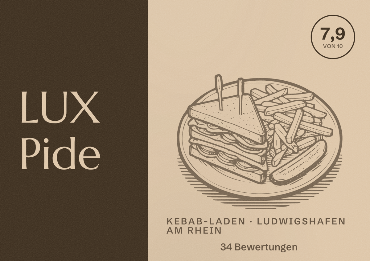 Illustriertes Poster von LUX Pide, Kebab-Laden in Ludwigshafen am Rhein: Bewertung 7,9 von 10 aus 34 Bewertungen