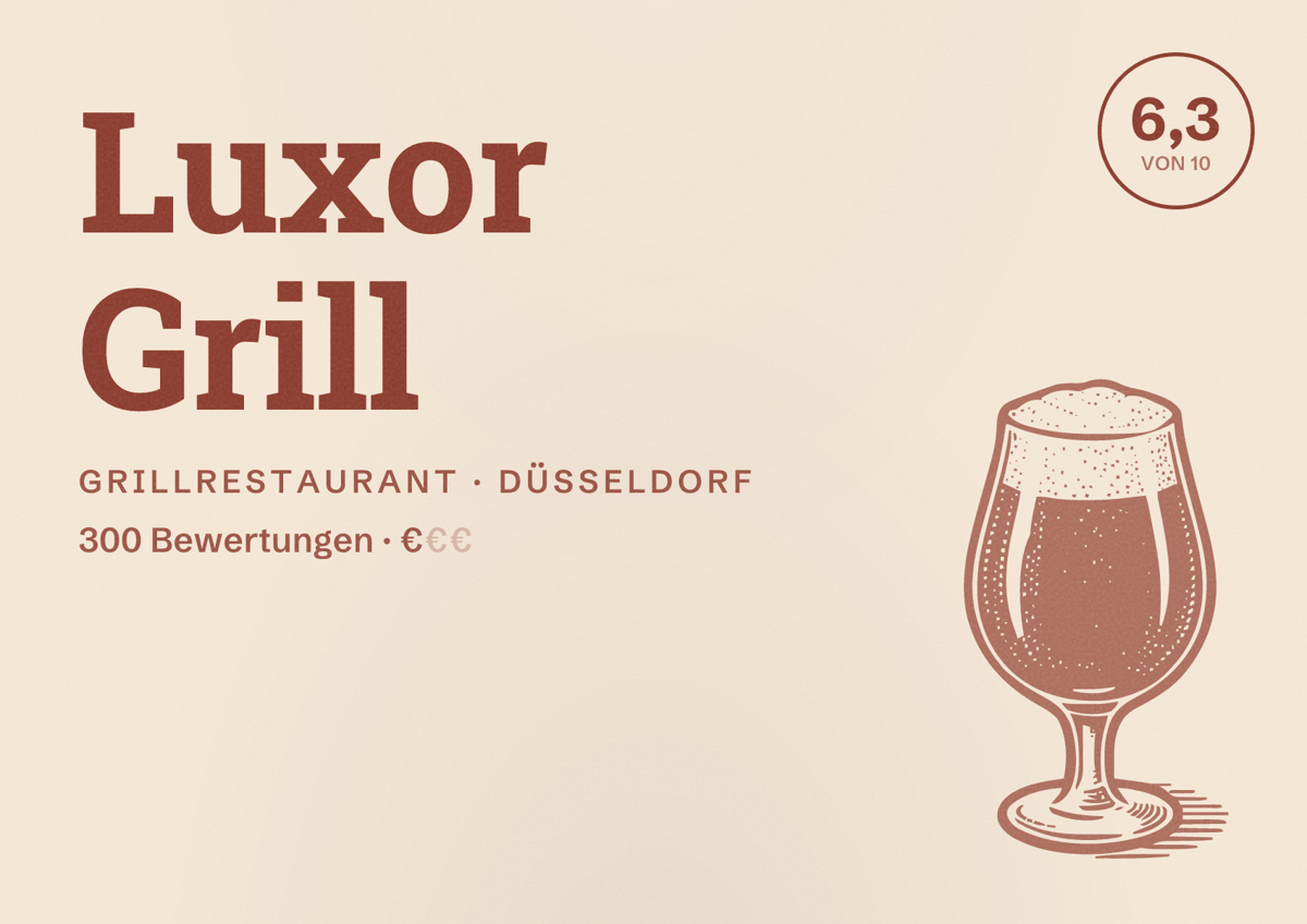 Illustriertes Poster von Luxor Grill, Grillrestaurant in Düsseldorf: Bewertung 6,3 von 10 aus 300 Bewertungen, Preisniveau €