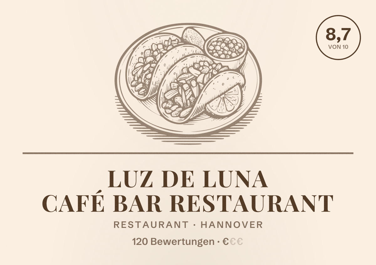 Illustriertes Poster von Luz De Luna Café Bar Restaurant, Restaurant in Hannover: Bewertung 8,7 von 10 aus 120 Bewertungen, Preisniveau €