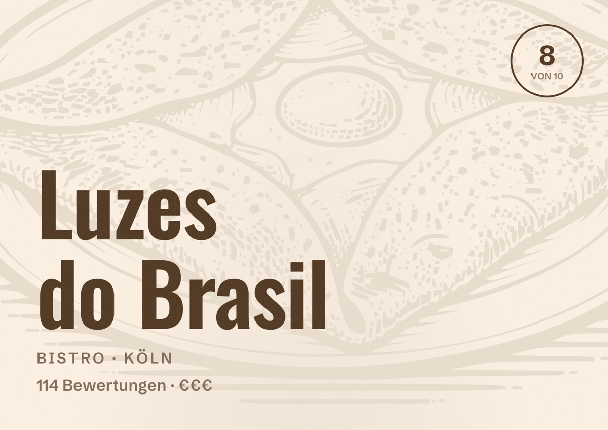 Illustriertes Poster von Luzes do Brasil, Bistro in Köln: Bewertung 8,0 von 10 aus 114 Bewertungen, Preisniveau €€€