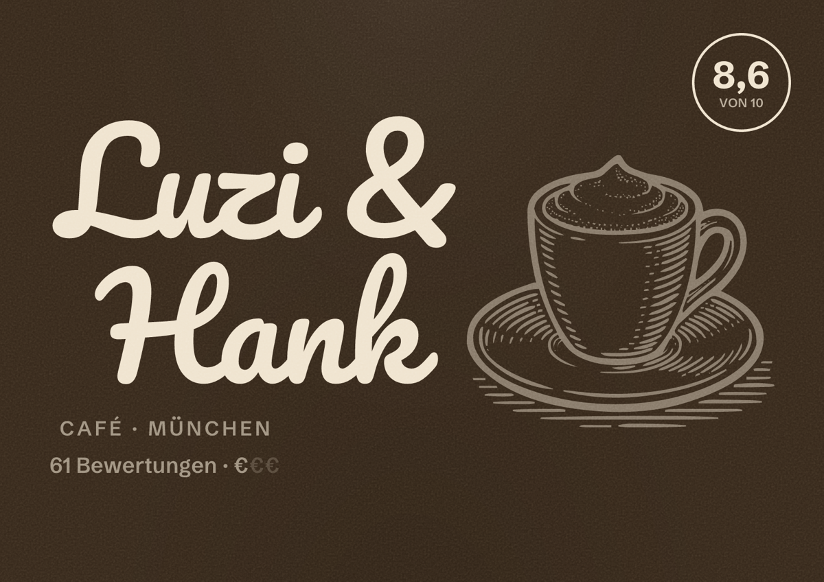 Illustriertes Poster von Luzi & Hank, Café in München: Bewertung 8,6 von 10 aus 61 Bewertungen, Preisniveau €