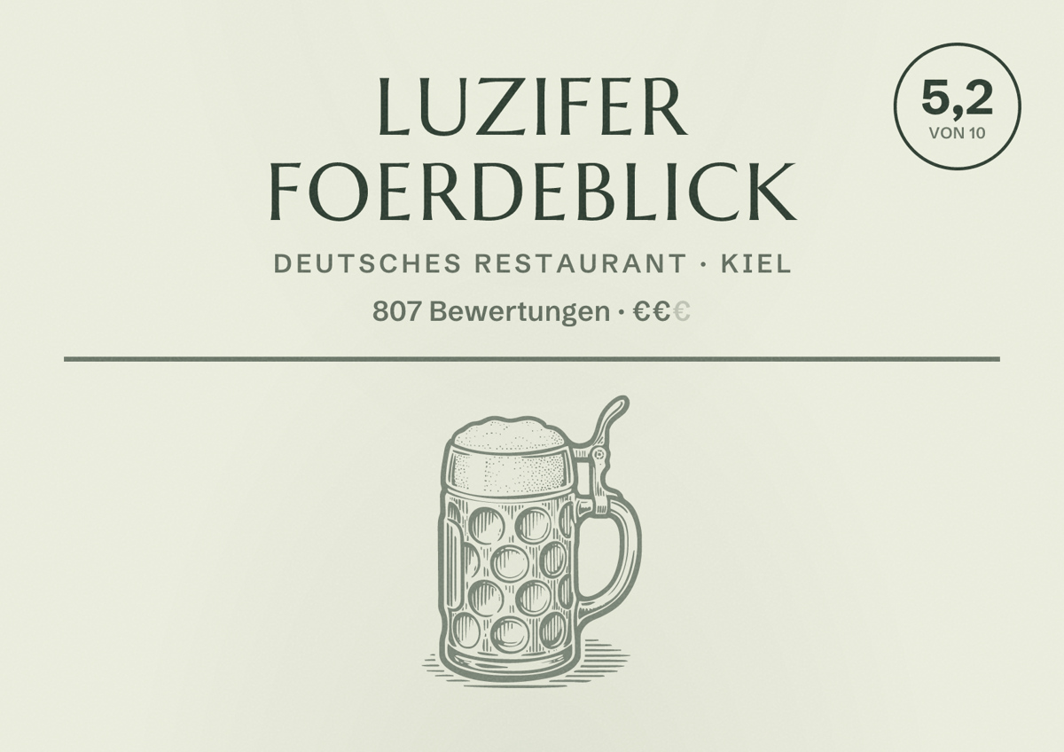 Illustriertes Poster von Luzifer Foerdeblick, Deutsches Restaurant in Kiel: Bewertung 5,2 von 10 aus 807 Bewertungen, Preisniveau €€