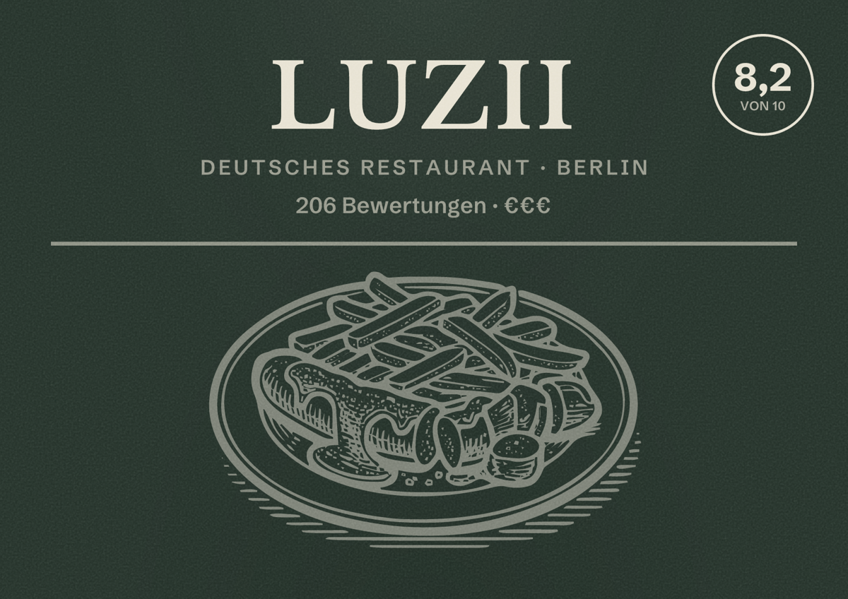Illustriertes Poster von Luzii, Deutsches Restaurant in Berlin: Bewertung 8,2 von 10 aus 206 Bewertungen, Preisniveau €€€
