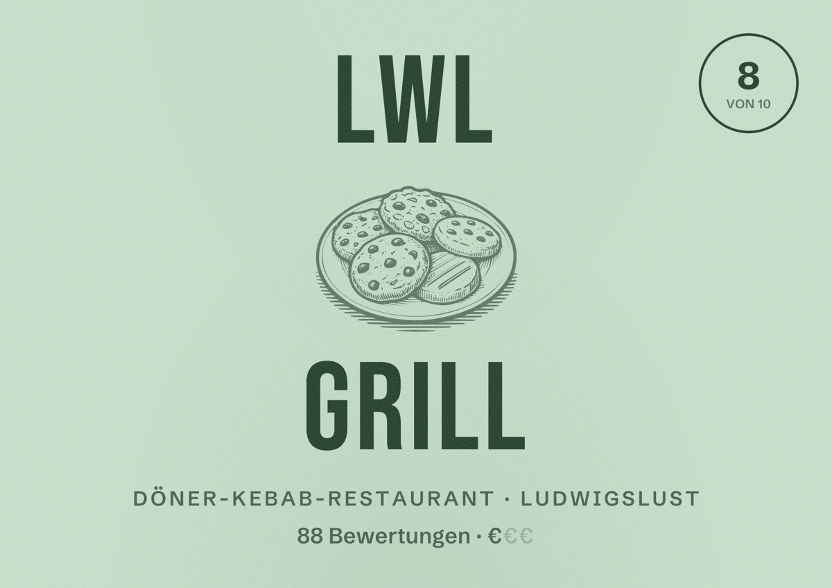 Illustriertes Poster von LWL GRILL, Döner-Kebab-Restaurant in Ludwigslust: Bewertung 8 von 10 aus 88 Bewertungen, Preisniveau €