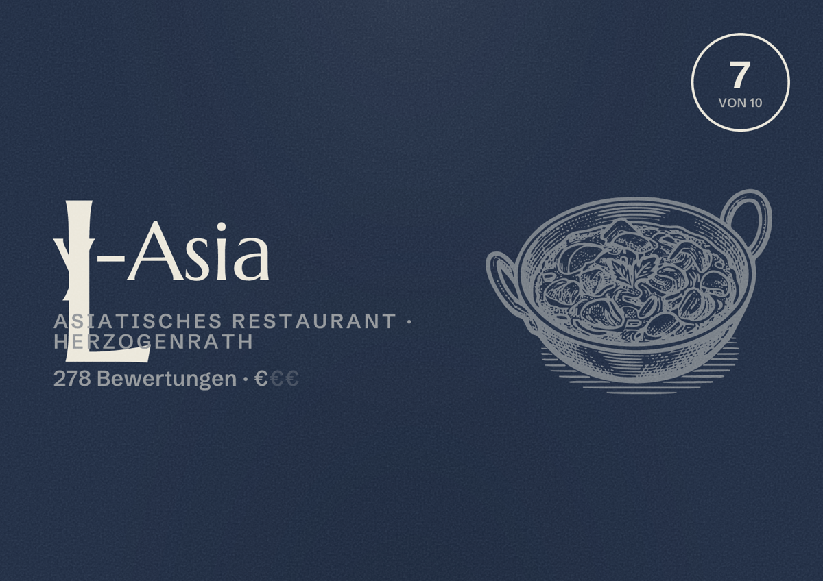 Illustriertes Poster von Ly-Asia, Asiatisches Restaurant in Herzogenrath: Bewertung 7 von 10 aus 278 Bewertungen, Preisniveau €