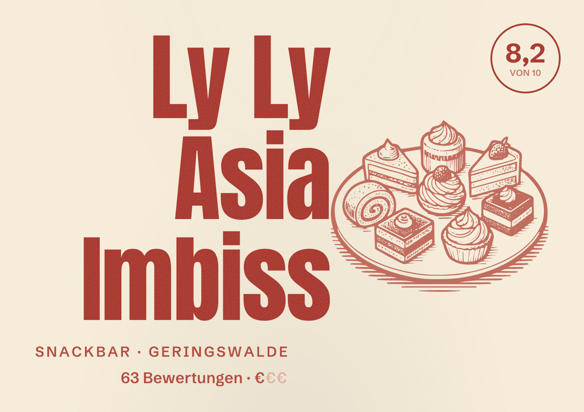 Illustriertes Poster von Ly Ly Asia Imbiss, Snackbar in Geringswalde: Bewertung 8,2 von 10 aus 63 Bewertungen, Preisniveau €