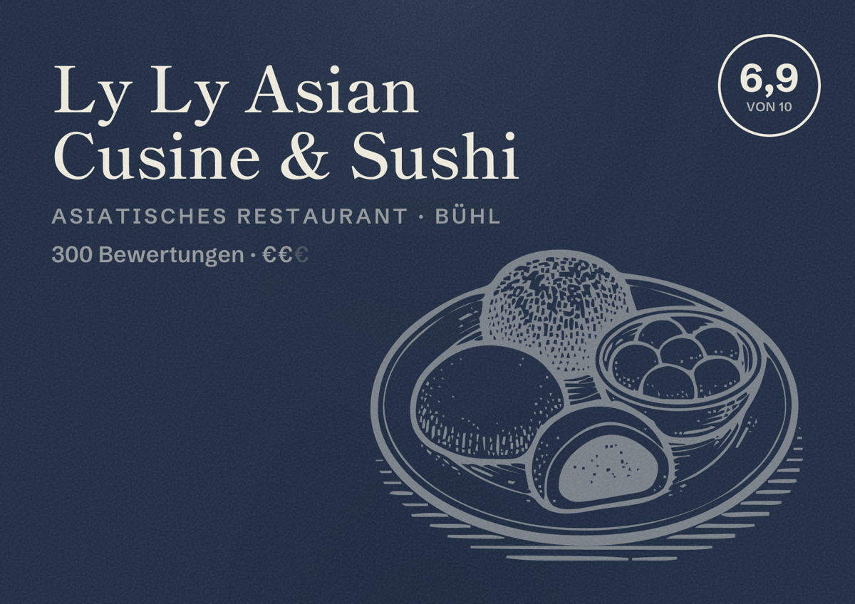 Illustriertes Poster von Ly Ly Asian Cusine & Sushi, Asiatisches Restaurant in Bühl: Bewertung 6,9 von 10 aus 300 Bewertungen, Preisniveau €€
