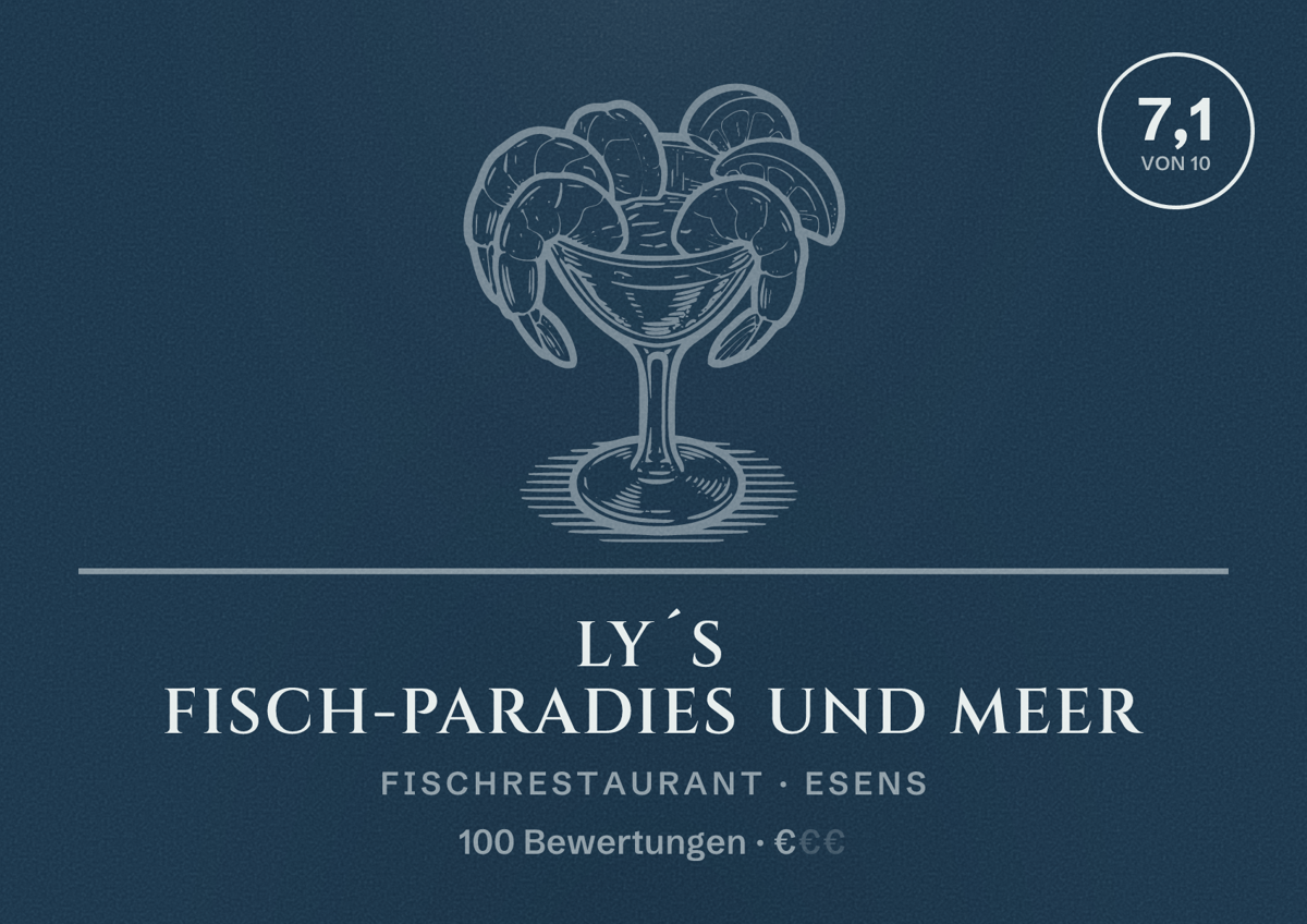 Illustriertes Poster von Ly´s Fisch-Paradies und Meer, Fischrestaurant in Esens: Bewertung 7,1 von 10 aus 100 Bewertungen, Preisniveau €