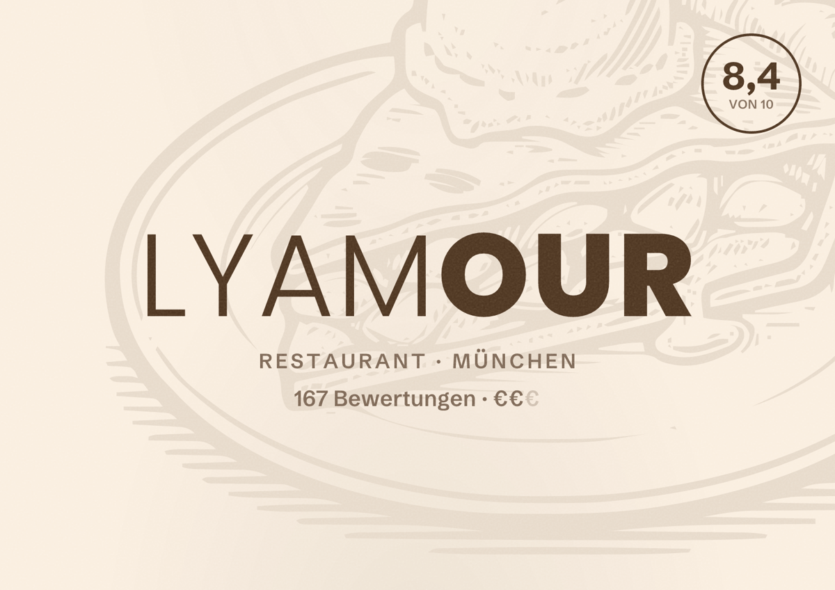 Illustriertes Poster von Lyamour, Restaurant in München: Bewertung 8,4 von 10 aus 167 Bewertungen, Preisniveau €€