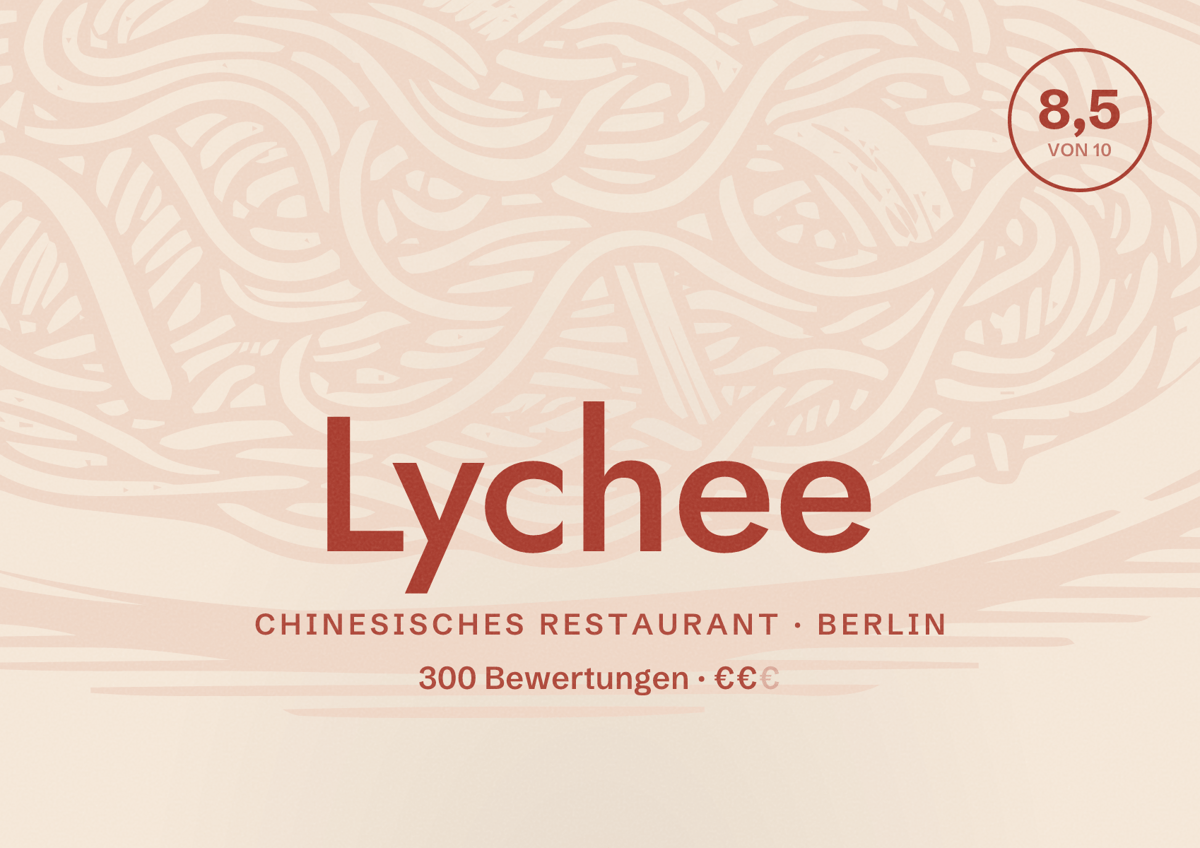 Illustriertes Poster von Lychee, Chinesisches Restaurant in Berlin: Bewertung 8,5 von 10 aus 300 Bewertungen, Preisniveau €€