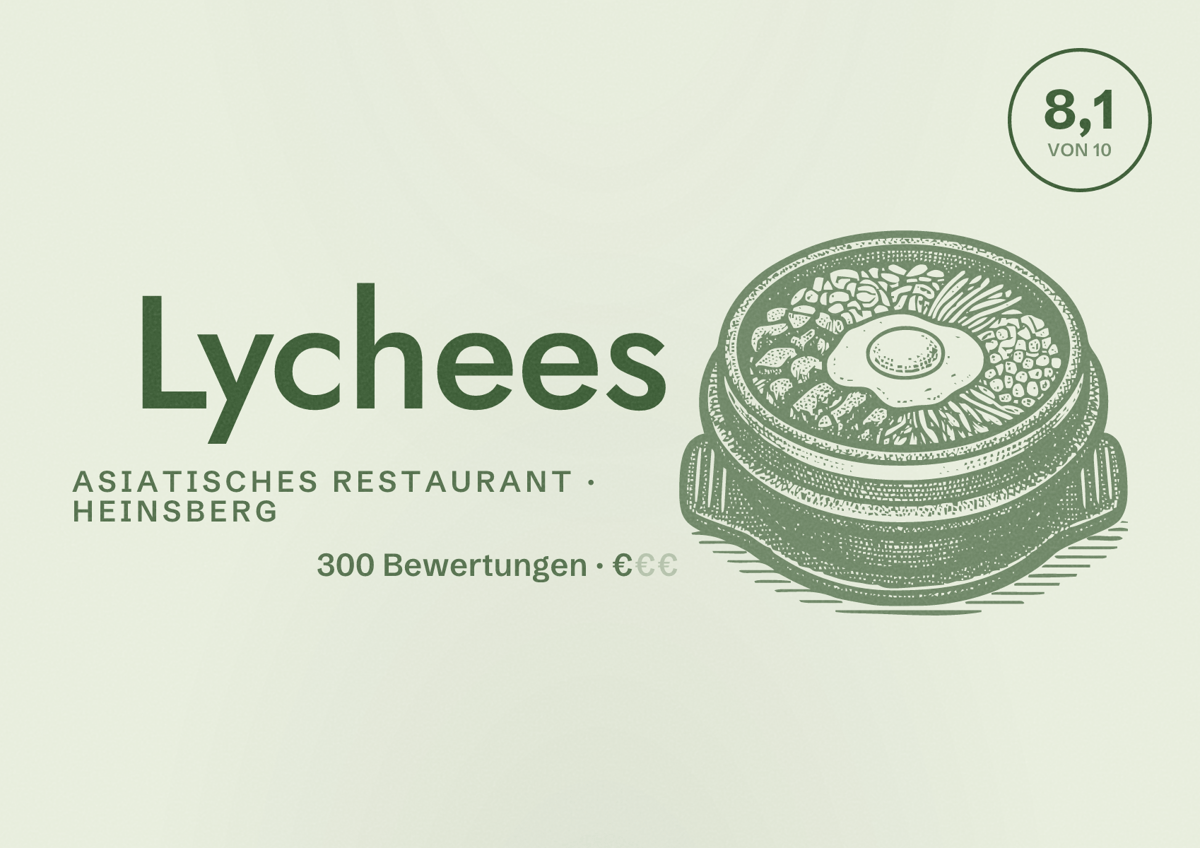 Illustriertes Poster von Lychees, Asiatisches Restaurant in Heinsberg: Bewertung 8,1 von 10 aus 300 Bewertungen, Preisniveau €