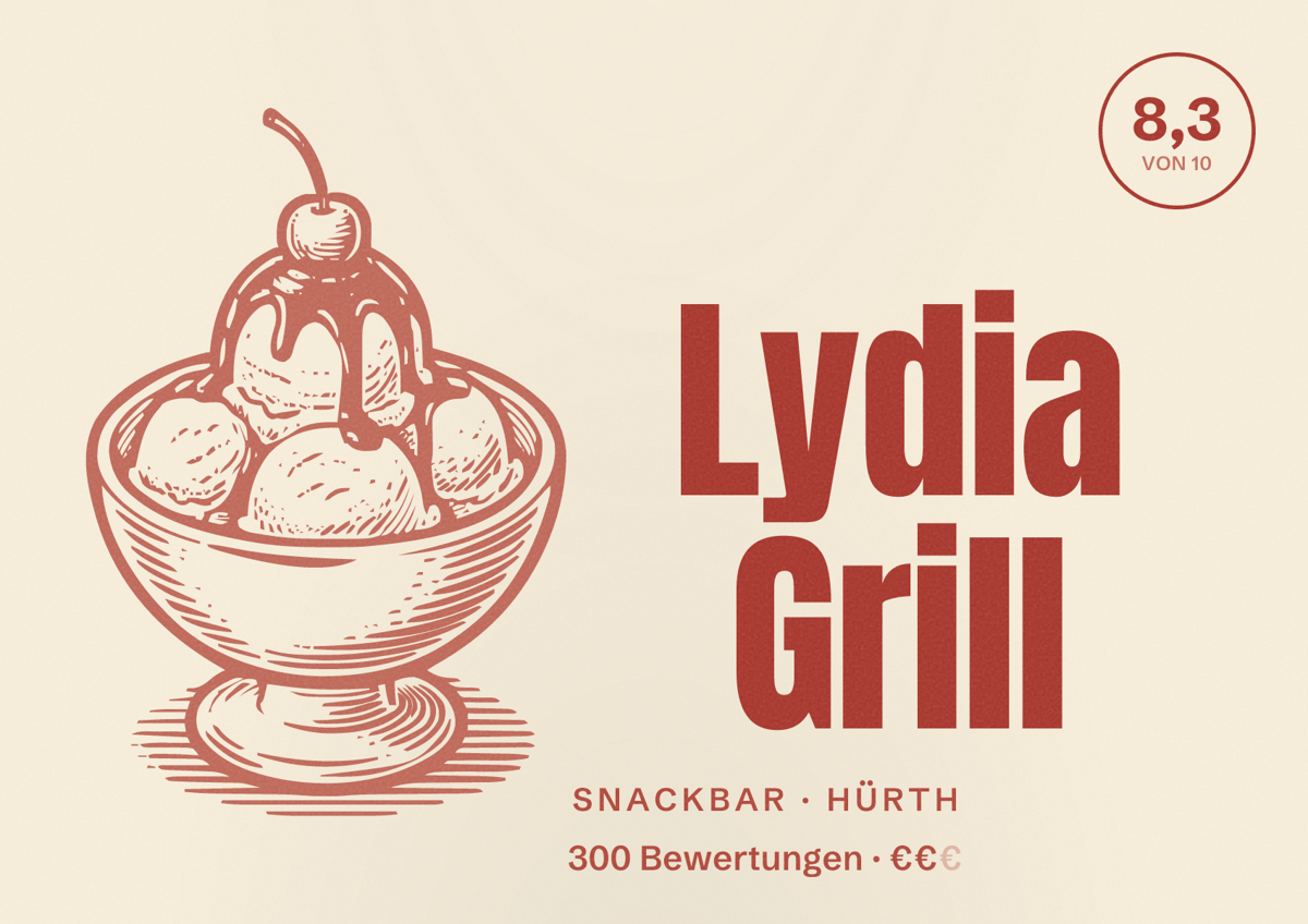 Illustriertes Poster von Lydia Grill, Snackbar in Hürth: Bewertung 8,3 von 10 aus 300 Bewertungen, Preisniveau €€