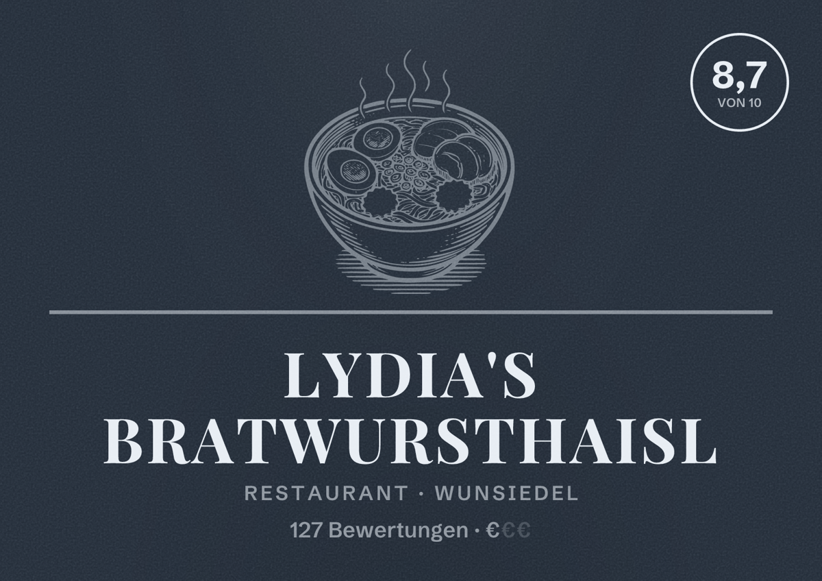 Illustriertes Poster von Lydia's Bratwursthaisl, Restaurant in Wunsiedel: Bewertung 8,7 von 10 aus 127 Bewertungen, Preisniveau €