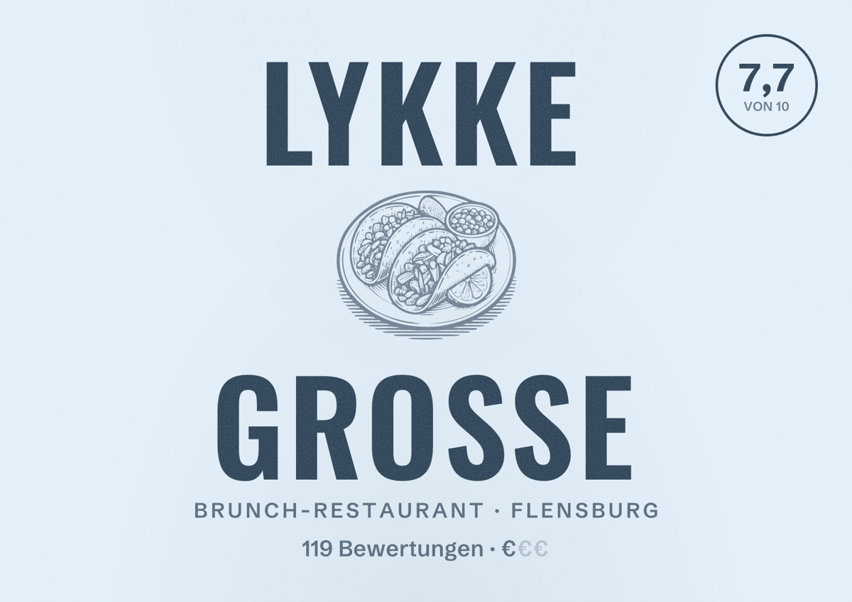 Illustriertes Poster von Lykke Grosse, Brunch-Restaurant in Flensburg: Bewertung 7,7 von 10 aus 119 Bewertungen, Preisniveau €