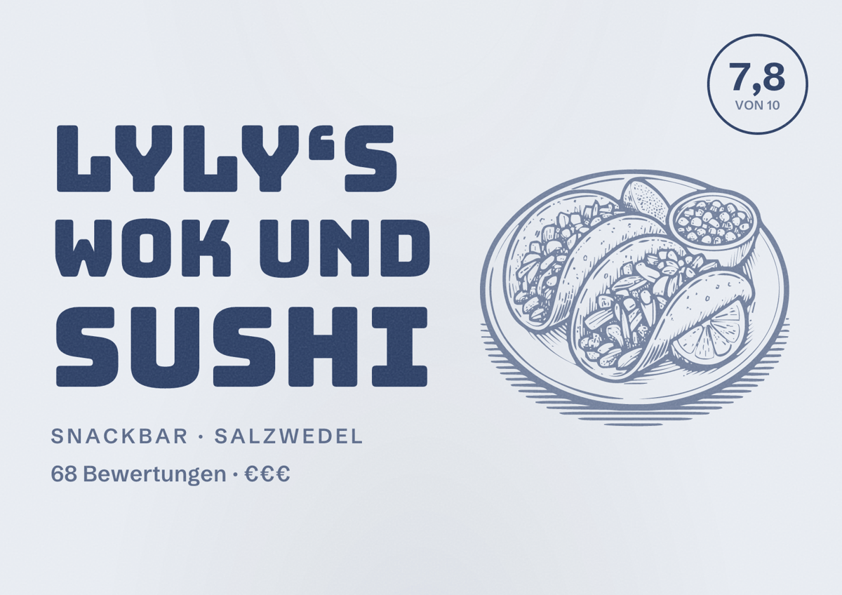 Illustriertes Poster von Lyly‘s Wok und Sushi, Snackbar in Salzwedel: Bewertung 7,8 von 10 aus 68 Bewertungen, Preisniveau €€€